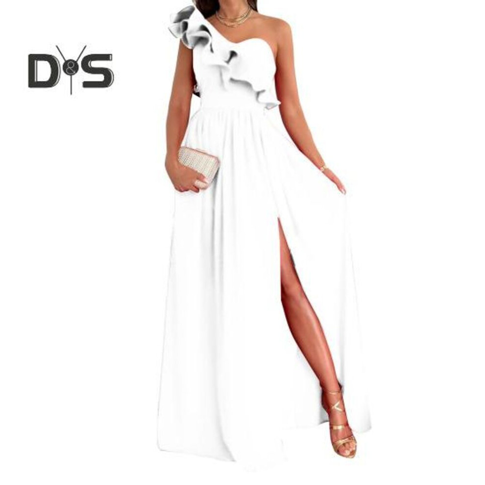 (white, XL) Lady Evening Dress One Shoulder Sleeveless Split Hem Solid Color Ruffle Pleated Solid Color Off Shoulder Prom Cocktail Party Maxi Dress Ball Gown