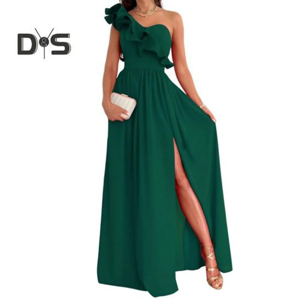 (green, L) Lady Evening Dress One Shoulder Sleeveless Split Hem Solid Color Ruffle Pleated Solid Color Off Shoulder Prom Cocktail Party Maxi Dress Ball Gown