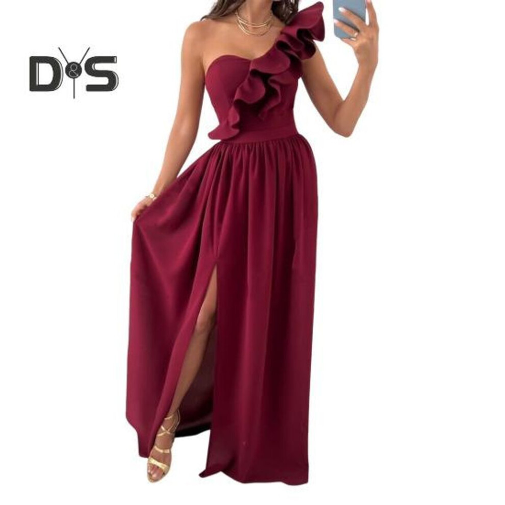 (wine red, XL) Lady Evening Dress One Shoulder Sleeveless Split Hem Solid Color Ruffle Pleated Solid Color Off Shoulder Prom Cocktail Party Maxi Dress Ball Gown