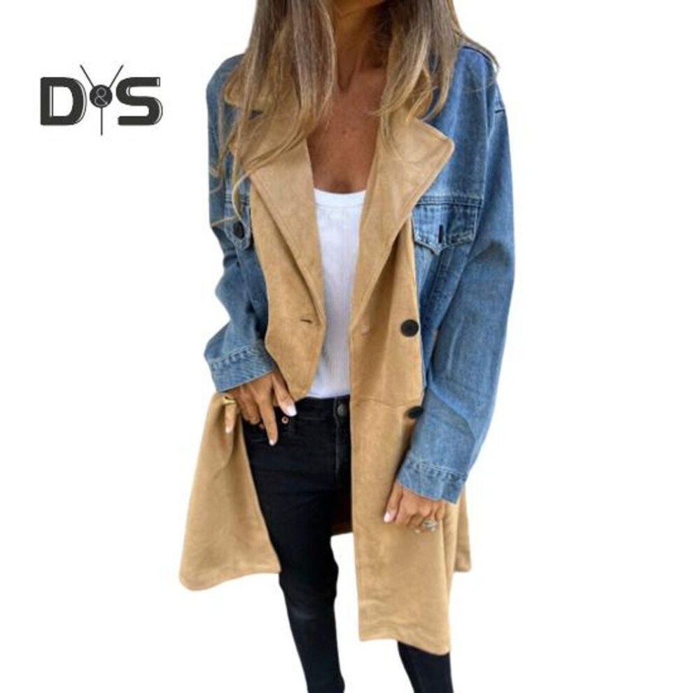 (blue, XXXL) Women Spring Fall Coat Denim Jacket Overcoat Patchwork Double-breasted with Flap Pockets Colorblock Mid Length Lady Overcoat