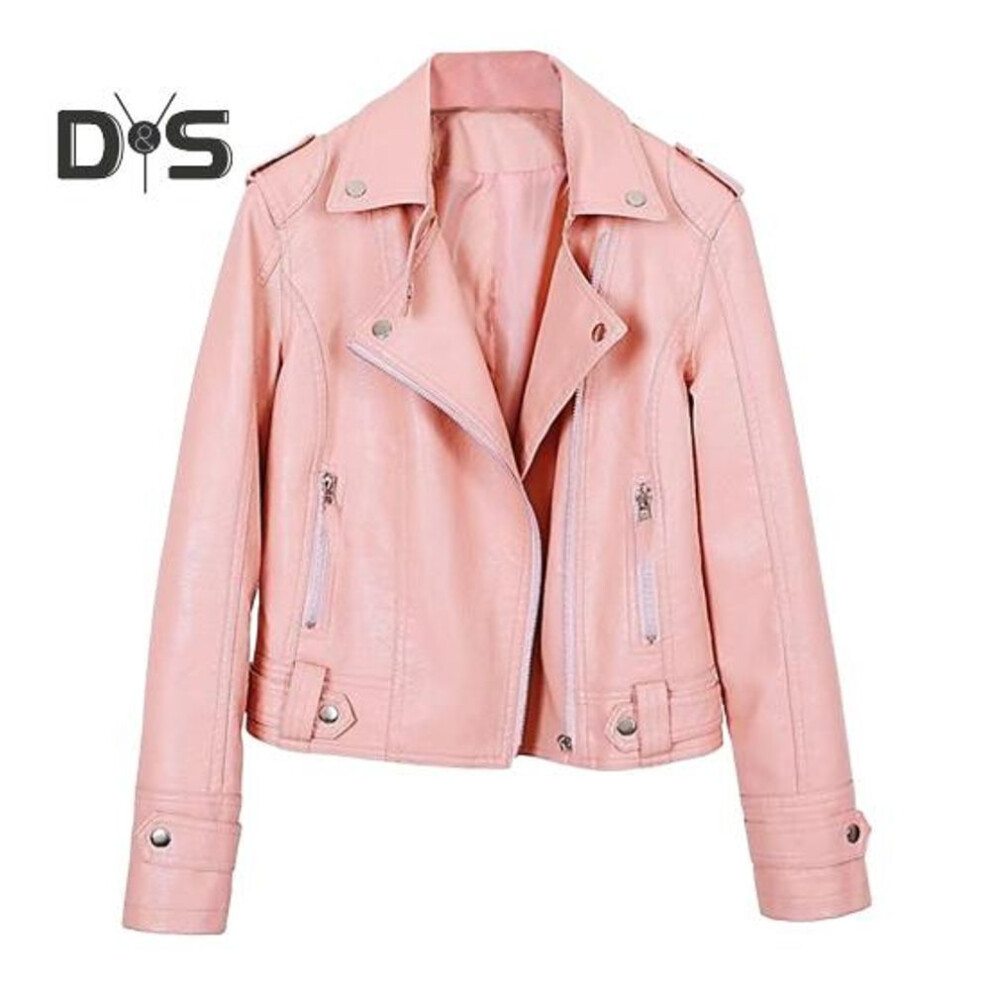 (pink, XXL) Women Jacket Faux Leather Smooth Surface Turn-down Collar Zip-up Zipper And Rivet Decor Long Sleeves Motorcycle Coat Travel Outerwear