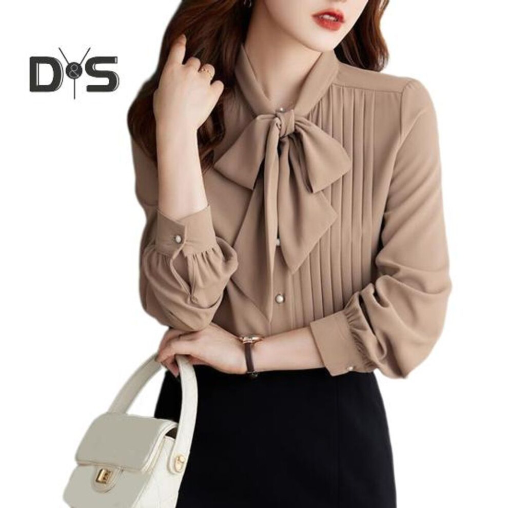 (M, khaki) Women Shirt Stand Collar Lace-up Bowknot Long Sleeve Pleated Pullover Tops Solid Color Loose Fit Chiffon Blouse