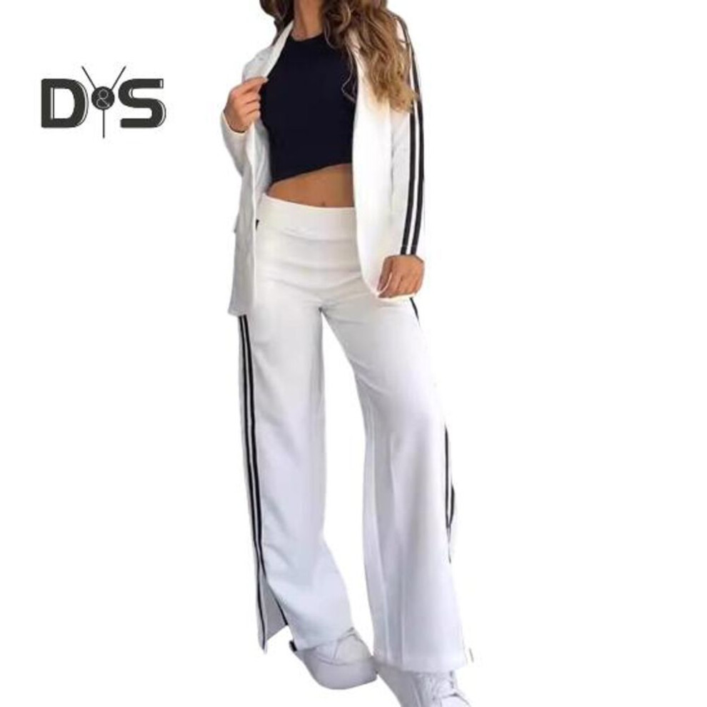 (white, XXXL) 2 Pcs/Set Lady Formal Coat Pants Set Turn-down Collar Long Sleeves Jacket Loose Striped Wide Leg Trousers Casual Daily Wear Commuting Outfit