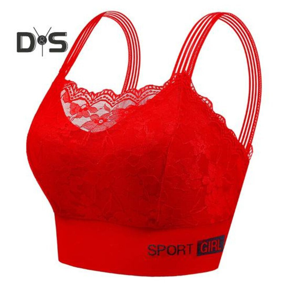 (red, L) Women Bra Wide Shoulder Strap Hollow Out Floral Pattern Lace Seamless Bandeau Anti-exposure Maximum Comfort Shockproof Push-up Anti-snagging Wireless
