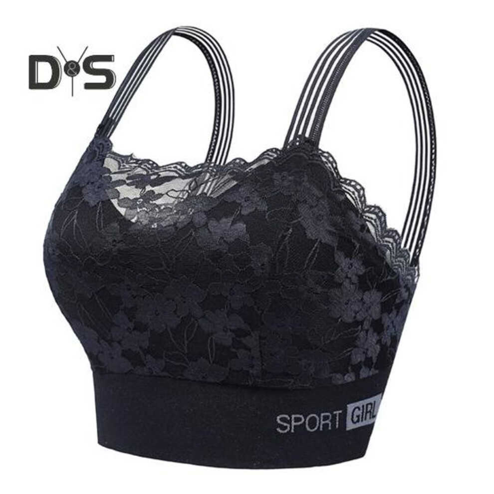(black, XL) Women Bra Wide Shoulder Strap Hollow Out Floral Pattern Lace Seamless Bandeau Anti-exposure Maximum Comfort Shockproof Push-up Anti-snagging Wireless