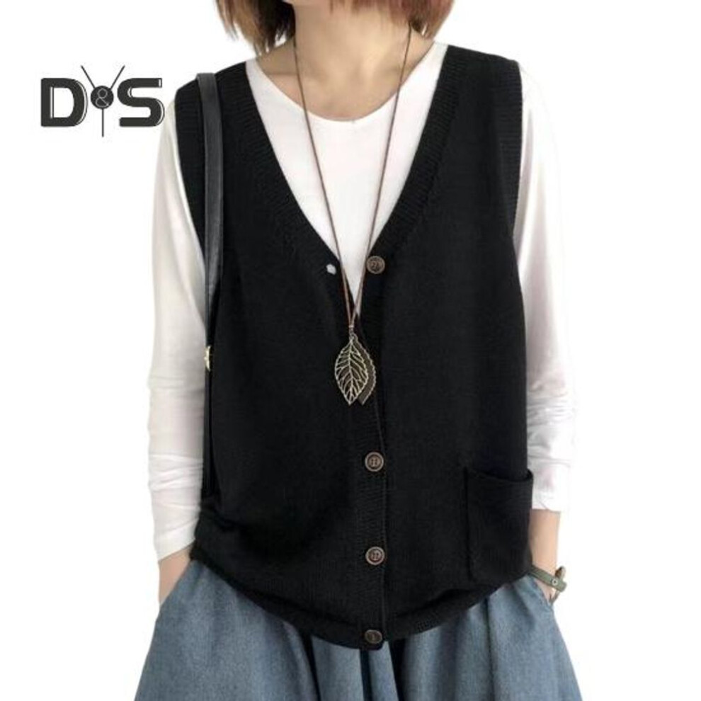 (black) Women Knitting Vest V-Neck Sleeveless Single Breasted Warm Waistcoat Solid Color Loose Fit Knitted Tank Tops with Pockets