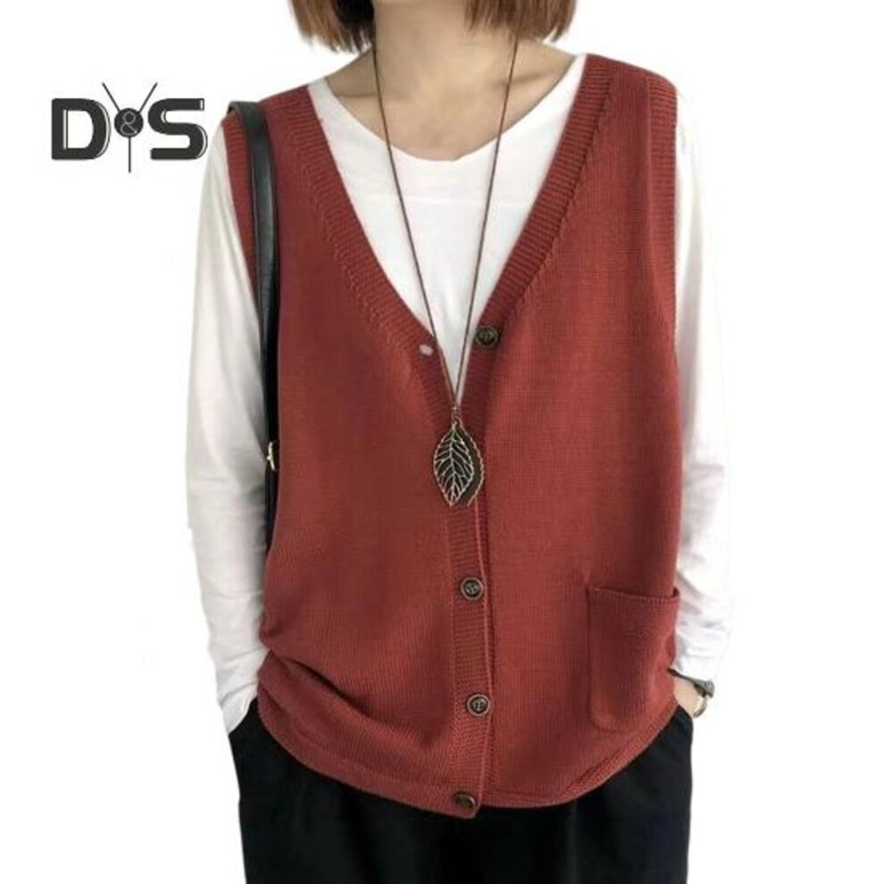 (red) Women Knitting Vest V-Neck Sleeveless Single Breasted Warm Waistcoat Solid Color Loose Fit Knitted Tank Tops with Pockets