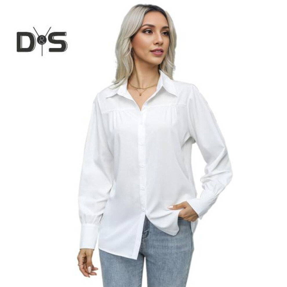(L, white) Women Shirt Lapel Puff Long Sleeve Solid Color Single-Breasted Shirt Tops Loose Fit Casual Tops Work Daily Wear