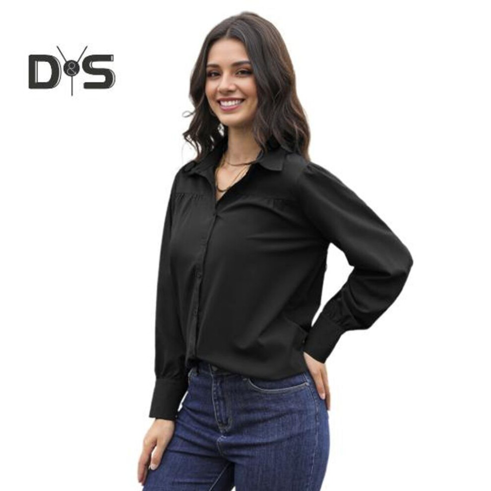 (XXL, black) Women Shirt Lapel Puff Long Sleeve Solid Color Single-Breasted Shirt Tops Loose Fit Casual Tops Work Daily Wear