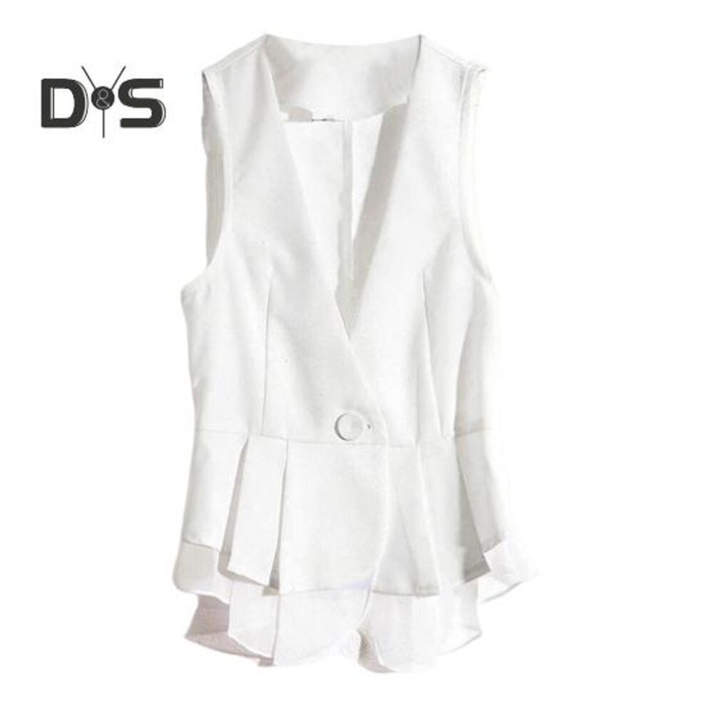 (XXXXL, white) Lady Women Vest Coat Single Button Closure Sleeveless Pleated Ruffle Mesh Patchwork Slim Fit Suit Coat Solid Color Casual Daily Wear Waistcoat