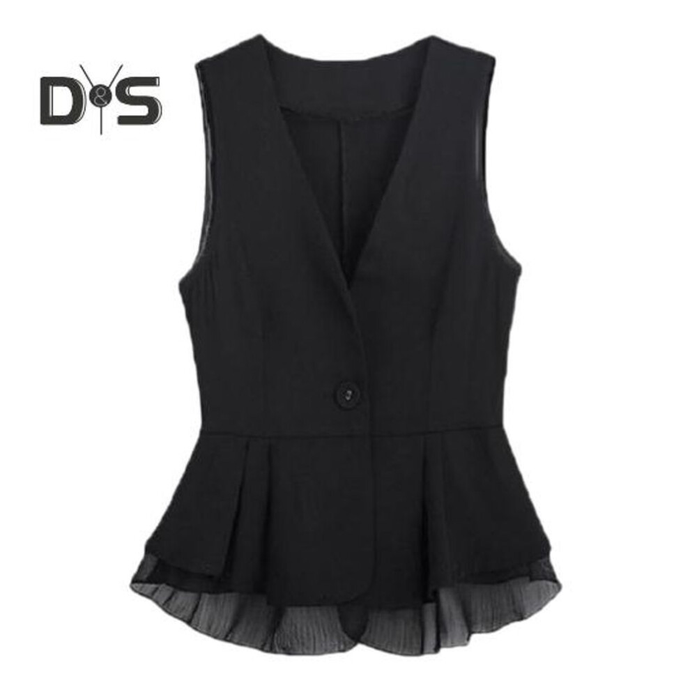 (XXXL, black) Lady Women Vest Coat Single Button Closure Sleeveless Pleated Ruffle Mesh Patchwork Slim Fit Suit Coat Solid Color Casual Daily Wear Waistcoat