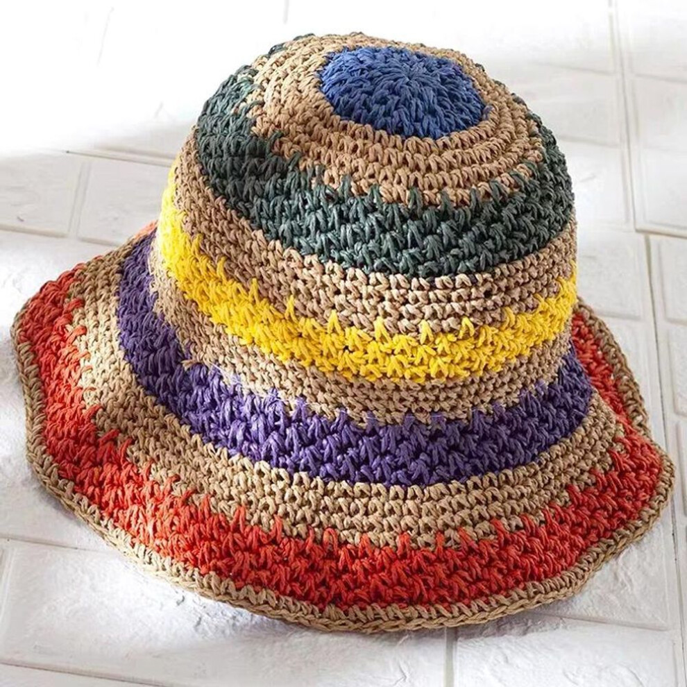 (khaki) 1PC Bucket Hat Sun Protection Beach Sunscreen Straw Headwear Rainbow Color Panama Hat Sun Cap Large Brim Handmade Crochet