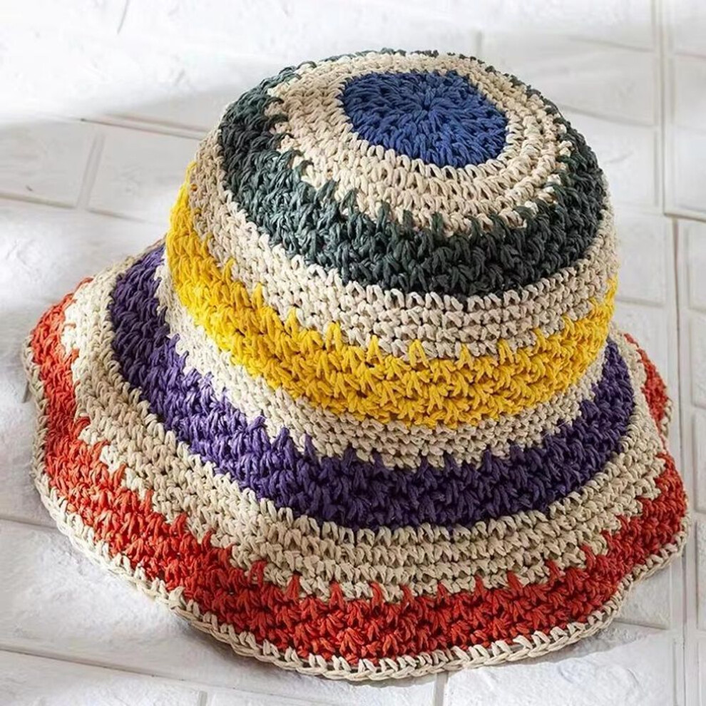 (apricot) 1pc Bucket Hat Sun Protection Beach Sunscreen Straw Headwear Rainbow Color Panama Hat Sun Cap Large Brim Handmade Crochet