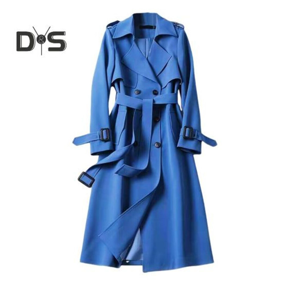 (blue, M) Fall Winter Women Trench Coat Turn-down Collar Solid Color Double-breasted with Belt Mid Length Loose Thermal Long Sleeved Commuting Dating Spring