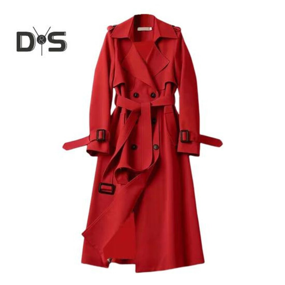 (red, 2XL) Fall Winter Women Trench Coat Turn-down Collar Solid Color Double-breasted With Belt Mid Length Loose Thermal Long Sleeved Commuting Dating Spring