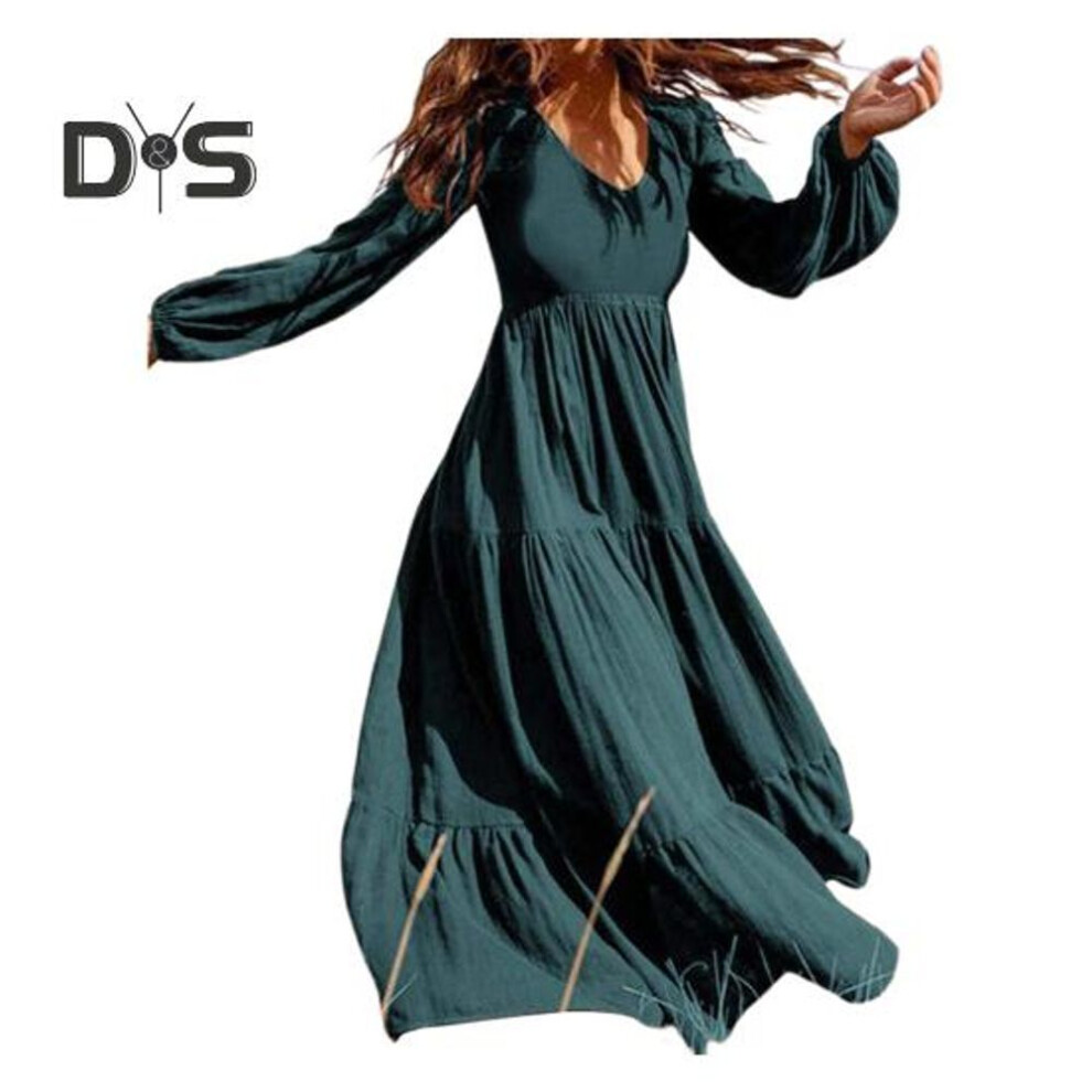 (green, L) Women Spring Fall Dress Round Neck A-line V Neck Pleated Long Sleeves Solid Color Big Swing Dating Shopping Vacation Maxi Dress