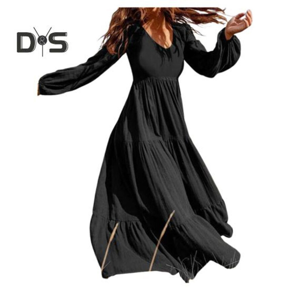 (black, L) Women Spring Fall Dress Round Neck A-line V Neck Pleated Long Sleeves Solid Color Big Swing Dating Shopping Vacation Maxi Dress