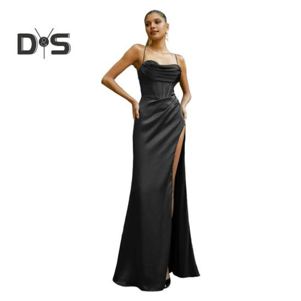 (black, XL) Women Evening Dress Spaghetti Strap Low-cut Off Shoulder Backless Sleeveless Slit Hem Pleated Maxi Dress Satin Wedding Banquet Ball Gown