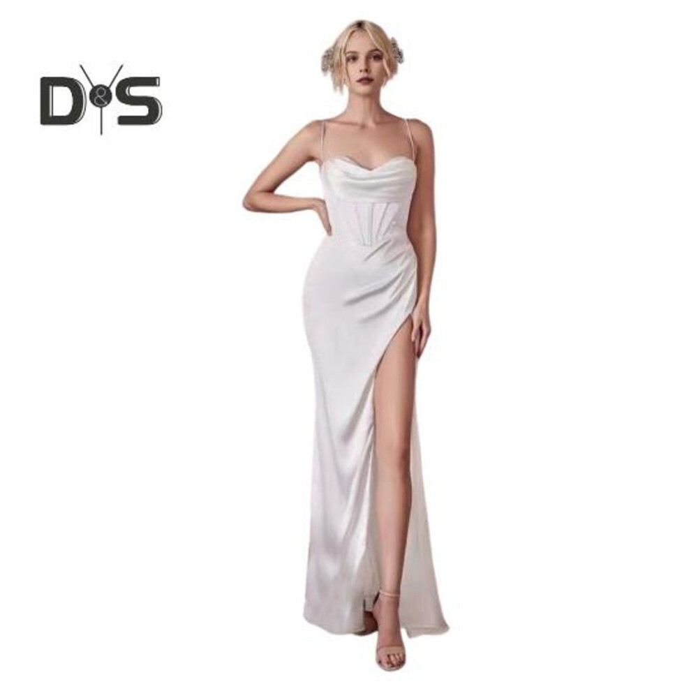 (white, M) Women Evening Dress Spaghetti Strap Low-cut Off Shoulder Backless Sleeveless Slit Hem Pleated Maxi Dress Satin Wedding Banquet Ball Gown