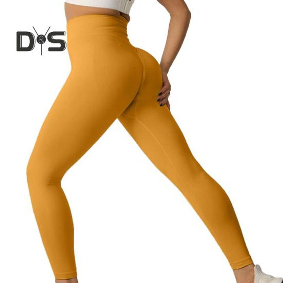 (yellow, S) Women Yoga Pants High Waist Leggings Solid Color Compression Elastic Butt-lifted Seamless Flared Hem Tummy Control Gym Dance Studio Sports Trousers