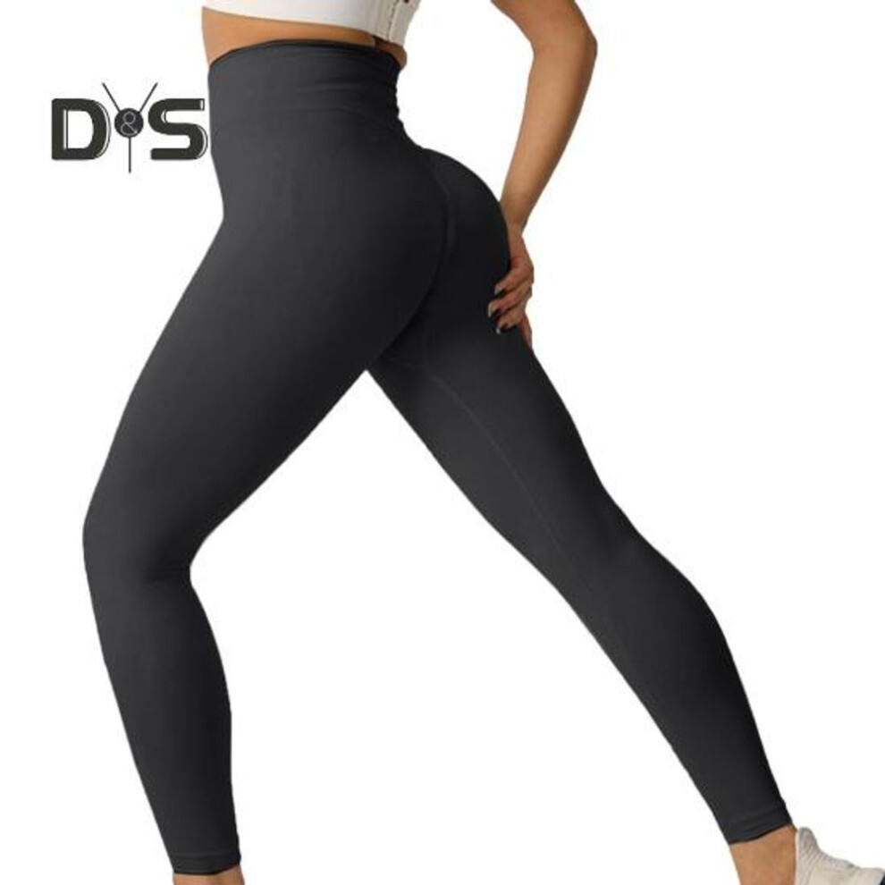 (dark gray, M) Women Yoga Pants High Waist Leggings Solid Color Compression Elastic Butt-lifted Seamless Flared Hem Tummy Control Gym Dance Studio Sports Trousers