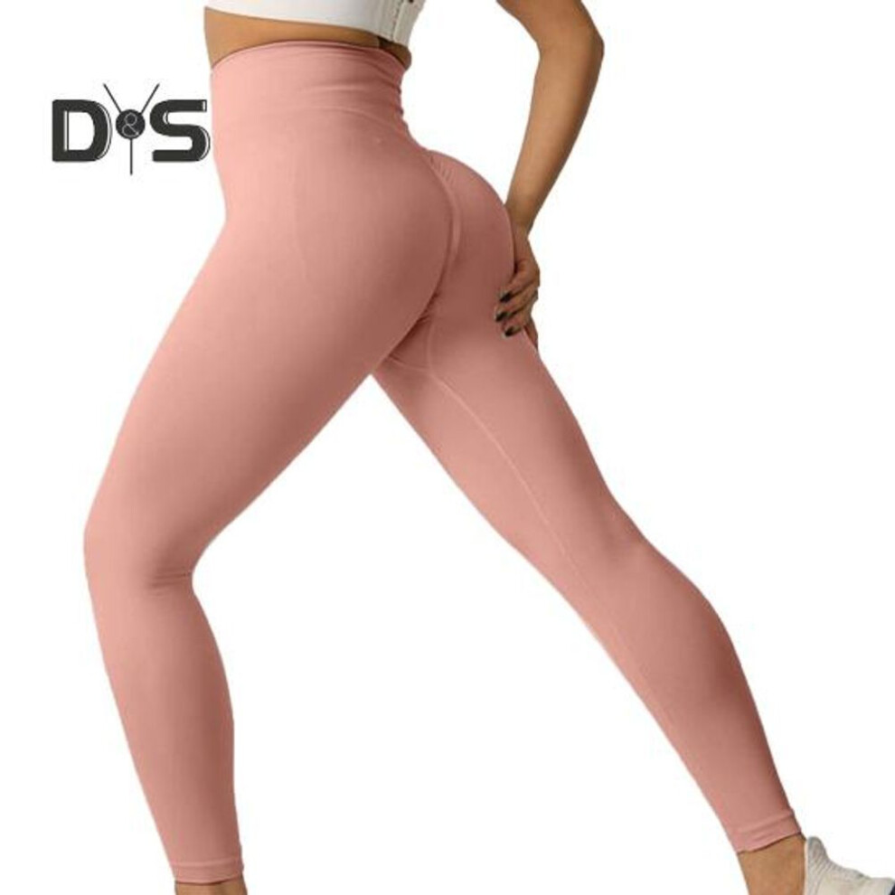 (pink, L) Women Yoga Pants High Waist Leggings Solid Color Compression Elastic Butt-lifted Seamless Flared Hem Tummy Control Gym Dance Studio Sports Trousers