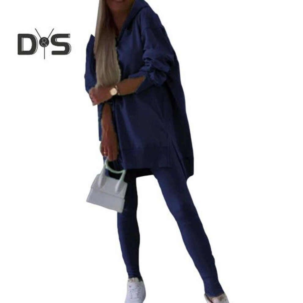 (navy blue, XXL) 2 Pcs/Set Women Top Pants Set Hooded Long Sleeve Slit Hem Hoodie Stretchy Waist Slim Fit Trousers Sport Fitness Tracksuit