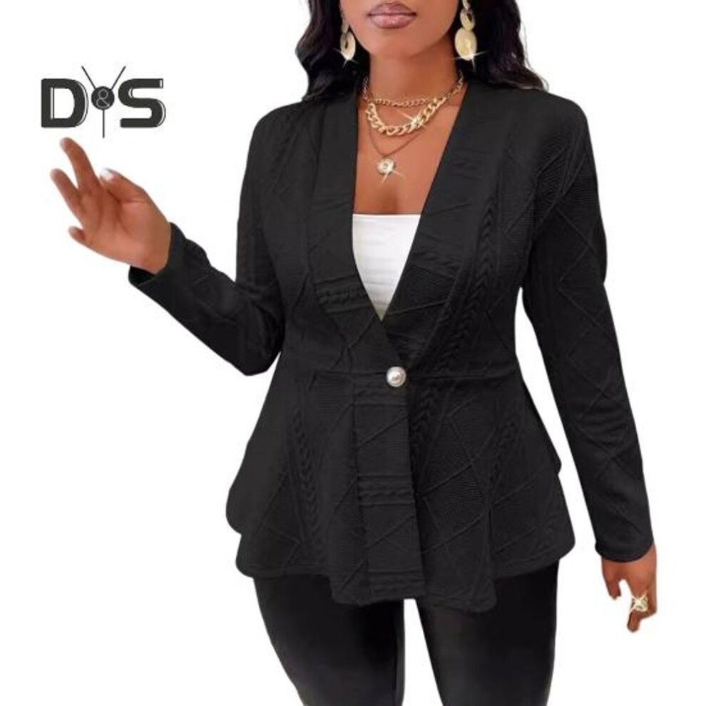 (black, M) Fall Winter Lady Suit Coat Single Button Textured Jaquard Solid Color Mid Length Deep V Neck Long Sleeves Formal Business Style Lady Commuting Jacket