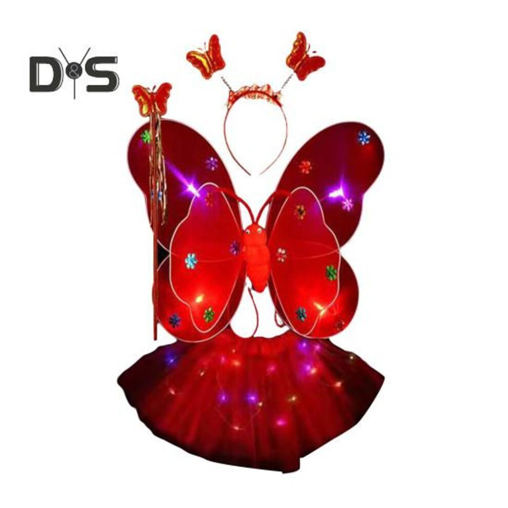 (red) Girls Butterfly Wings Costume Prop With Wand And Hairband Led Glowing A-line Mesh Scarttered Cake Skirt New Year Party Stage Show Outfit