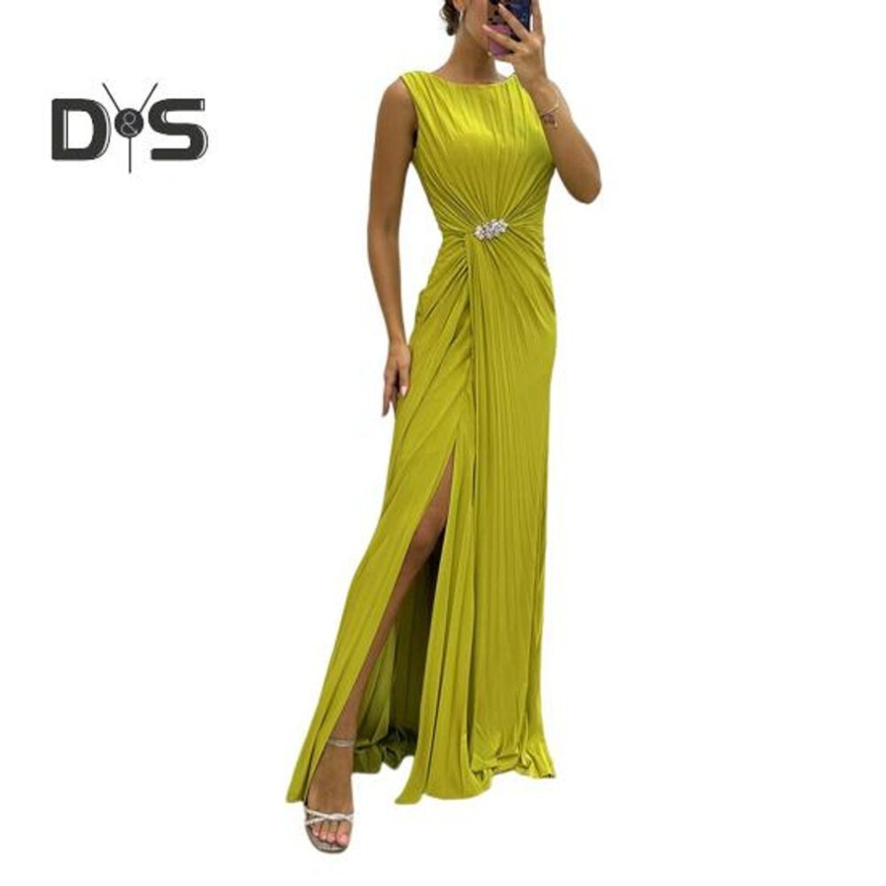 (yellow,green, S) Lady Evening Dress Pleated Slit Hem Floor Length Solid Color Rhinestone Decor Sleeveless Round Neck High Waist Rhinestone Decor Prom Cocktail Party