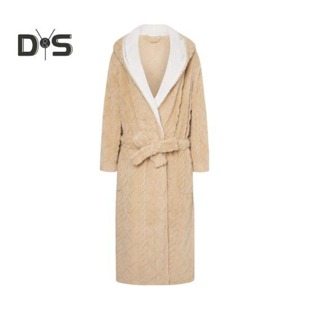 (M, khaki) Couple Winter Nightgown Thick Flannel Warm Adjustable Lace Up Belt Solid Color Twisted Texture Pockets Great Water Absorption Lady Homewear Spa Hotel