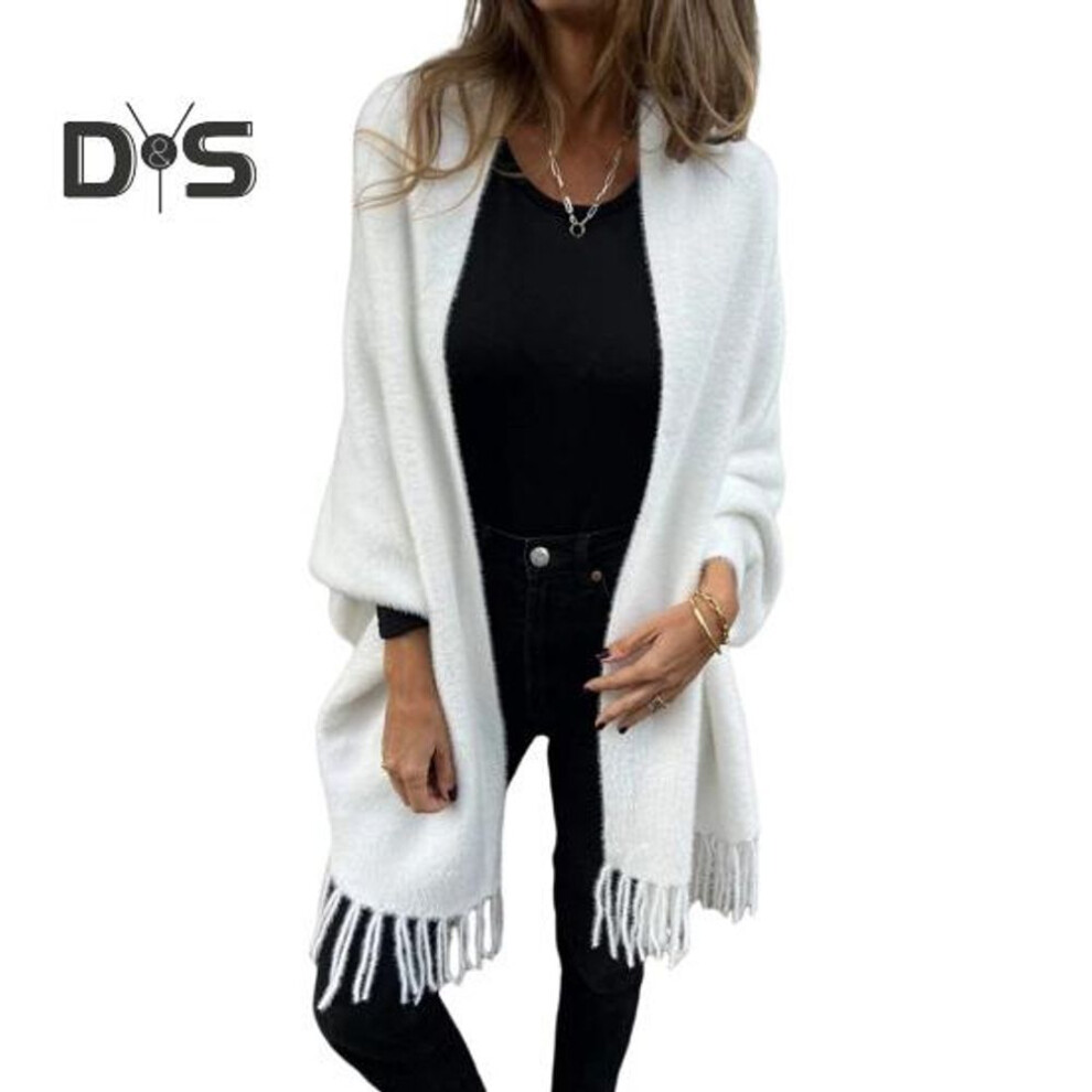(XXXL, white) Winter Fall Women Jacket Thick Fleece Fringe Tassel Hem Long Bat Sleeves Open Stitch Cardigan Knitted Fuzzy Mid Length Coat Outdoor Daily Wear Shawl