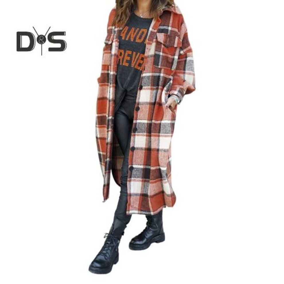 (orange, L) Autumn Winter Lady Coat Shirt Type Plaid Print Single-breasted Turn-down Collar With Chest Pockets Slit Hem Loose Mid Length Daily Wear Work Outdoor