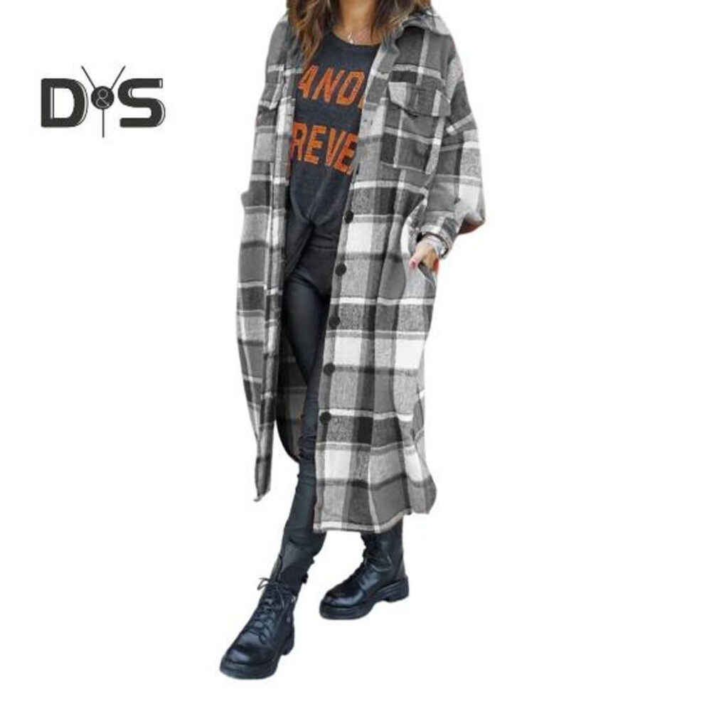 (grey, M) Autumn Winter Lady Coat Shirt Type Plaid Print Single-breasted Turn-down Collar With Chest Pockets Slit Hem Loose Mid Length Daily Wear Work Outdoor