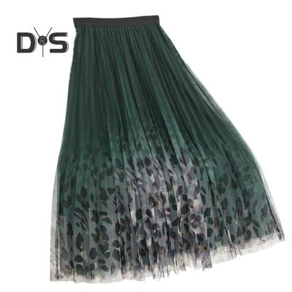 (green) Women Midi Skirt Elastic High Waist A-line Skirt Leopard Print Mesh Yarn Autumn Winter Skirt Loose Fit Pleated Skirt