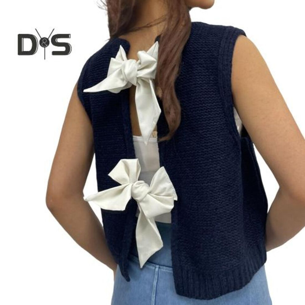 (navy blue) Women Knitted Vest Round Neck Sleeveless Crop Tank Back Bow Tie Decor Hollow Back Solid Color Sweater Vest