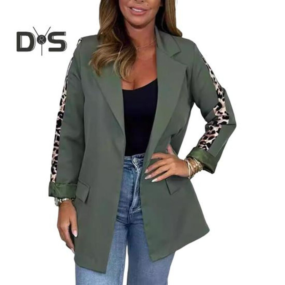 (green, XL) Women Suit Coat Lapel Leopard Stitching Long Sleeve Open Front Suit Jacket with Flap Pockets Business Formal Outwear