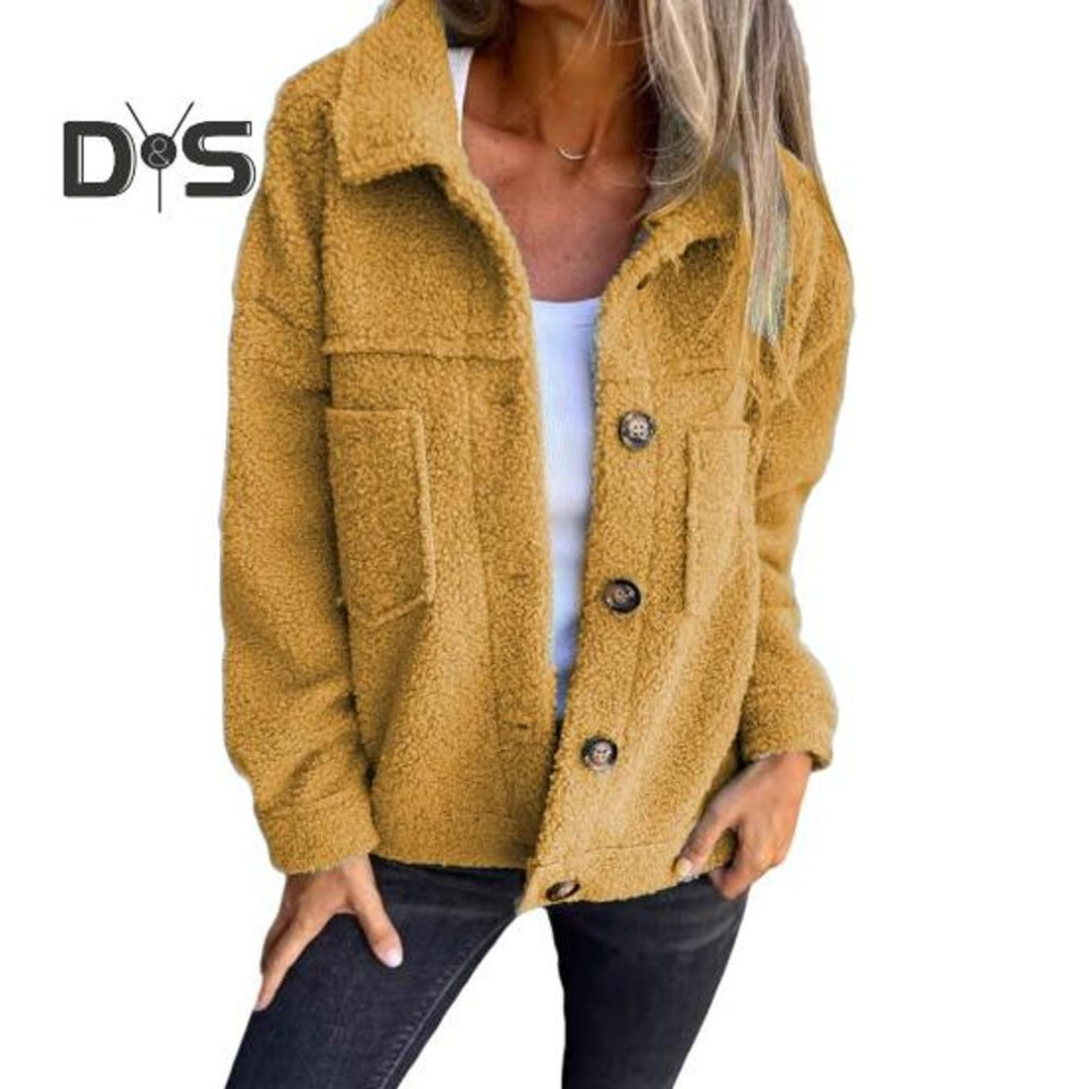 (yellow, M) Winter Women Jacket with Double Pockets Thick Fleece Button Closure Cardigan Long Sleeves Warm Windproof Heat Retention Outdoor Coat