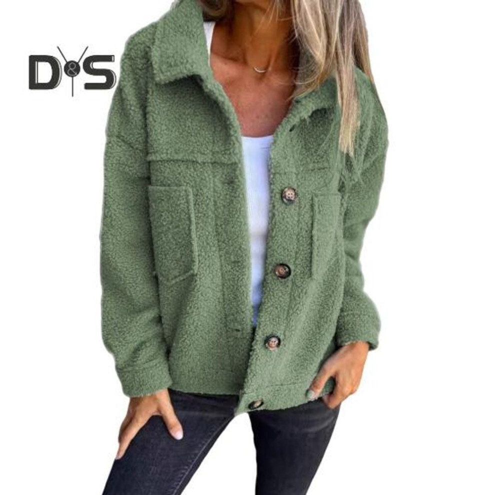 (green, M) Winter Women Jacket with Double Pockets Thick Fleece Button Closure Cardigan Long Sleeves Warm Windproof Heat Retention Outdoor Coat