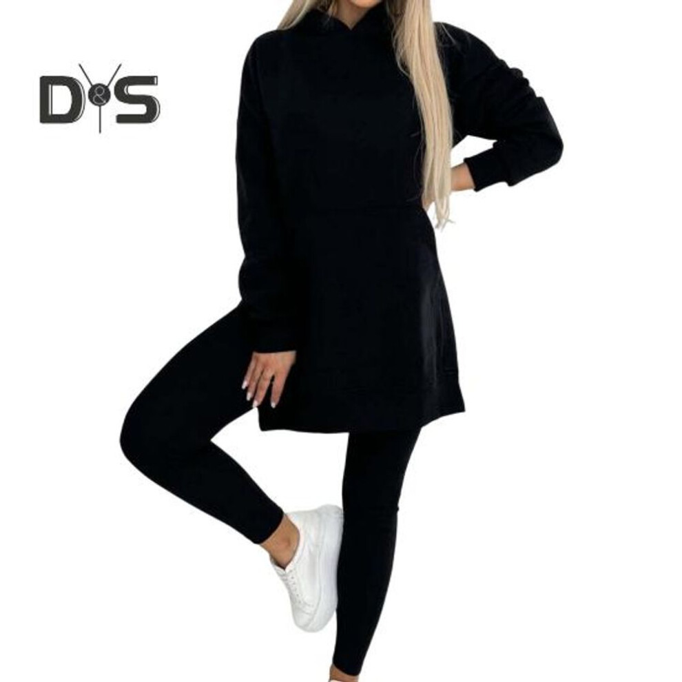 (black, XL) 2 Pcs/set Lady Top Pants Set Hooded Long Sleeve Slit Hem Hoodie Stretchy Waist Slim Fit Trousers Sport Fitness Tracksuit Casual Homewear School Outfit