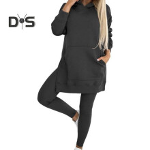 (dark gray, XXXL) 2 Pcs/Set Lady Top Pants Set Hooded Long Sleeve Slit Hem Hoodie Stretchy Waist Slim Fit Trousers Sport Fitness Tracksuit Casual Homewear School Outfit