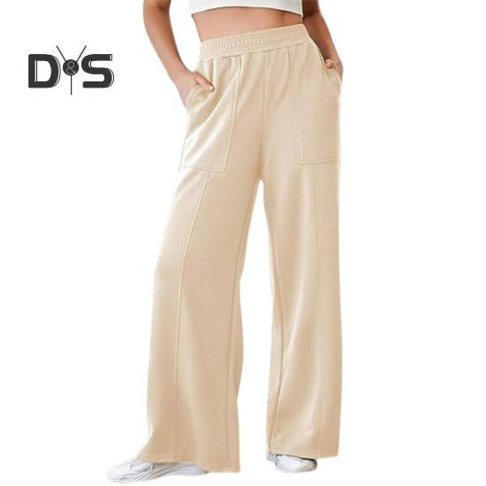 (khaki, XL) Women Pants Elastic High Waist Straight Wide Leg Long Trousers Solid Color Loose Fit Long Pants With Pockets Daily Wear