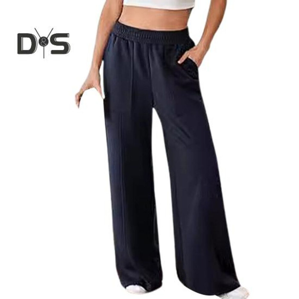 (navy blue, L) Women Pants Elastic High Waist Straight Wide Leg Long Trousers Solid Color Loose Fit Long Pants With Pockets Daily Wear