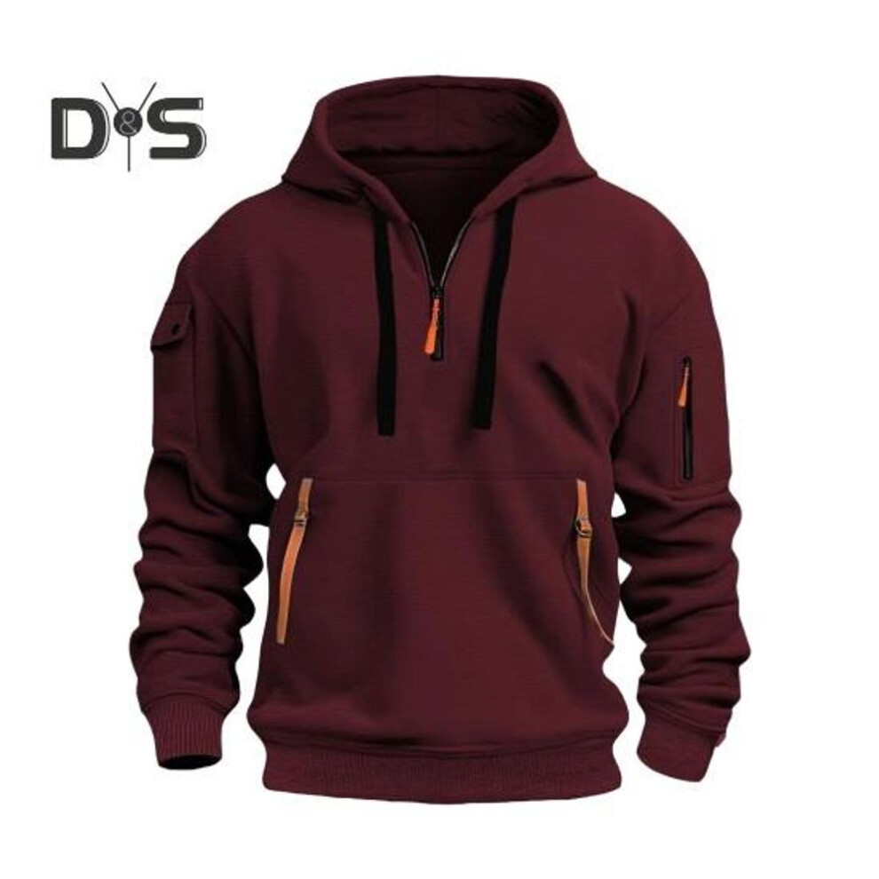 (wine red, XL) Men Fall Winter Hoodie Solid Color Drawstring Long Sleeves Half Zipper Arm Pocket Strap Decor Hooded Loose Daily Wear Casual Sport Top
