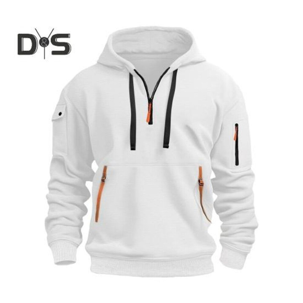 (white, XXXL) Men Fall Winter Hoodie Solid Color Drawstring Long Sleeves Half Zipper Arm Pocket Strap Decor Hooded Loose Daily Wear Casual Sport Top