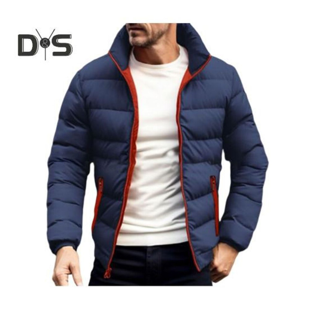 (navy blue, M) Men Coat Stand Collar Long Sleeve Full Zipper Closure Quilted Jacket Solid Color Thickened Loose Fit Puffer Coat With Side Pockets