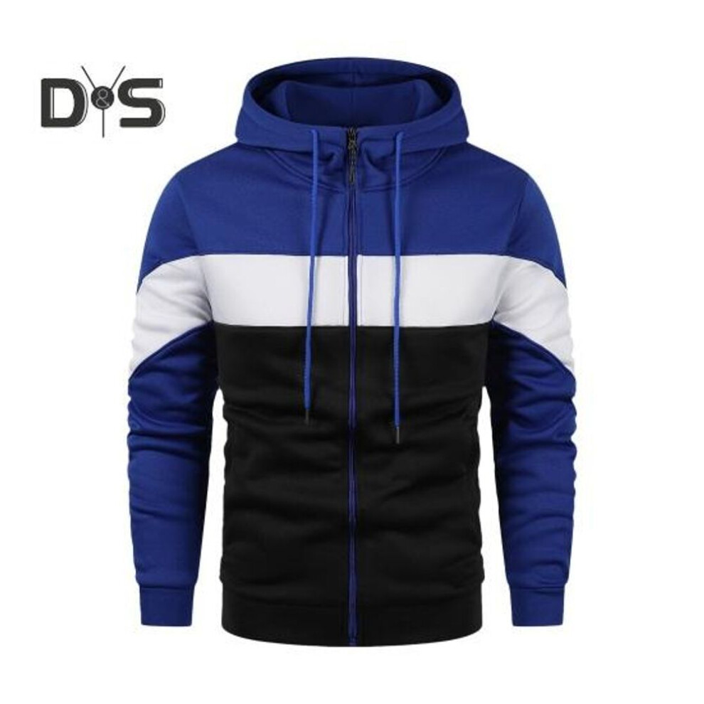 (blue, L) Autumn Spring Men Hoodie Drawstring Colorblock Zipper Closure Elastic Cuff Hooded Loose Cardigan Long Sleeves Sport Daily Wear Jacket