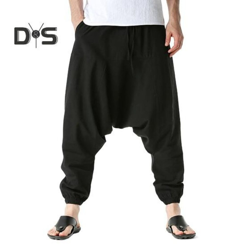 (black, XXL) Drop Slacks Deep Crotch Mid-rise Drawstring Elastic Waistband With Large Capacity Pockets Loose Fit Trousers Hiking Work Travel Everyday Wear Pants