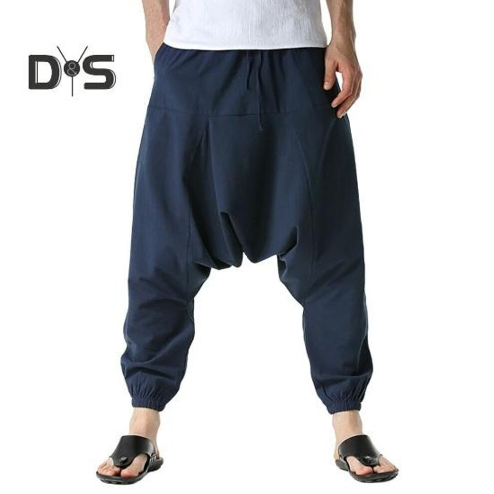 (navy blue, L) Drop Slacks Deep Crotch Mid-Rise Drawstring Elastic Waistband with Large Capacity Pockets Loose Fit Trousers Hiking Work Travel Everyday Wear Pants