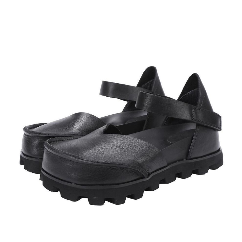 (black, 37) Johnature Women's Shoes Genuine Leather Shallow Inner Height Increase Soft Soled Casual Flat Sandals